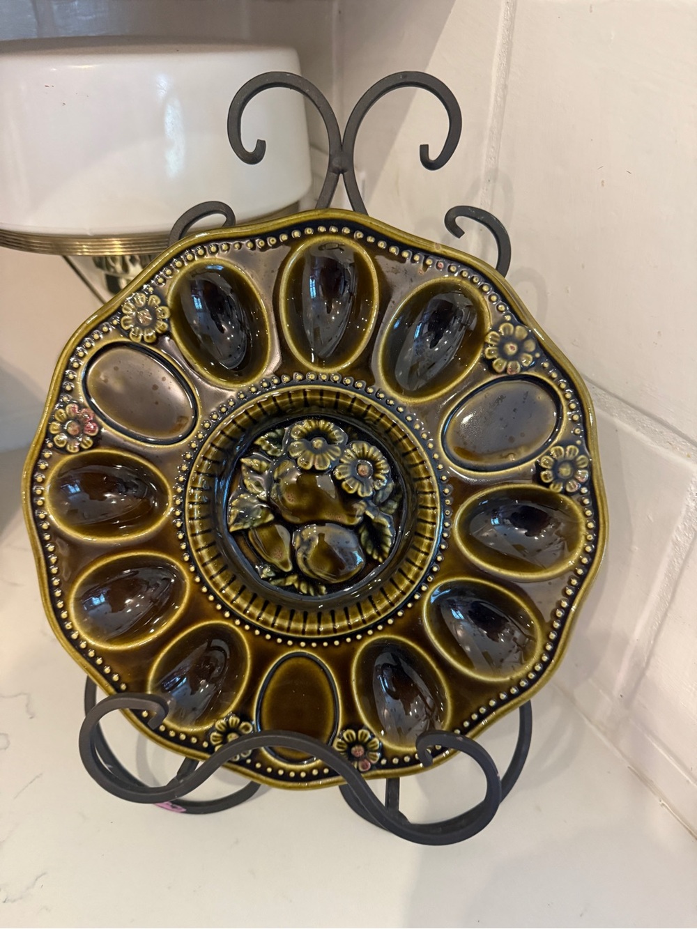 Vintage Drip Glaze Deviled Egg Plate Boho MCM Brown Green Pottery Serving Tray